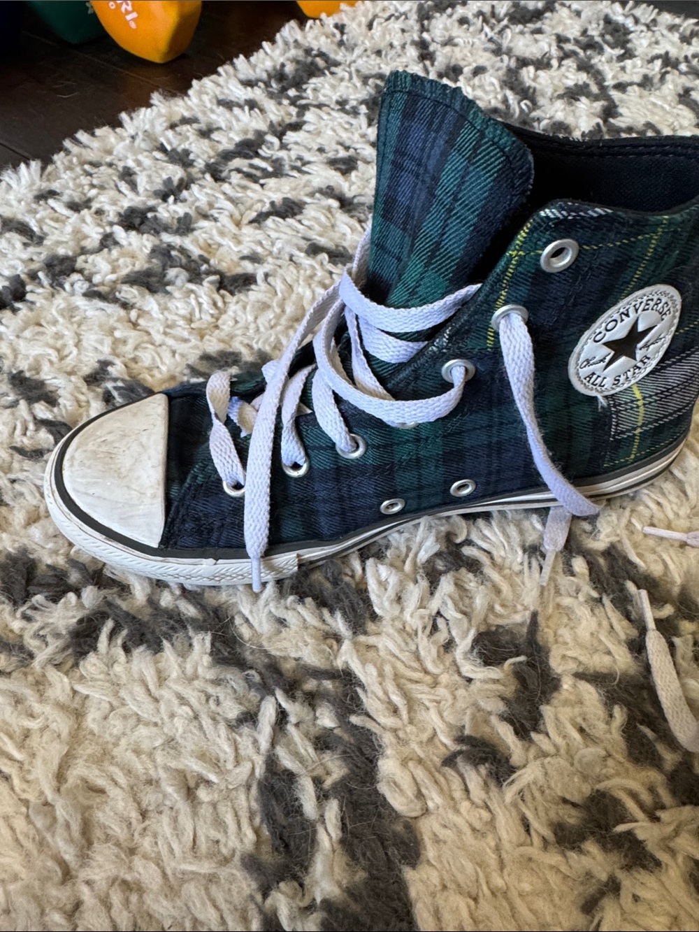 Converse High Top Plaid Sneakers - Green/Black with White Laces, Boys 3 - Picture 2 of 7